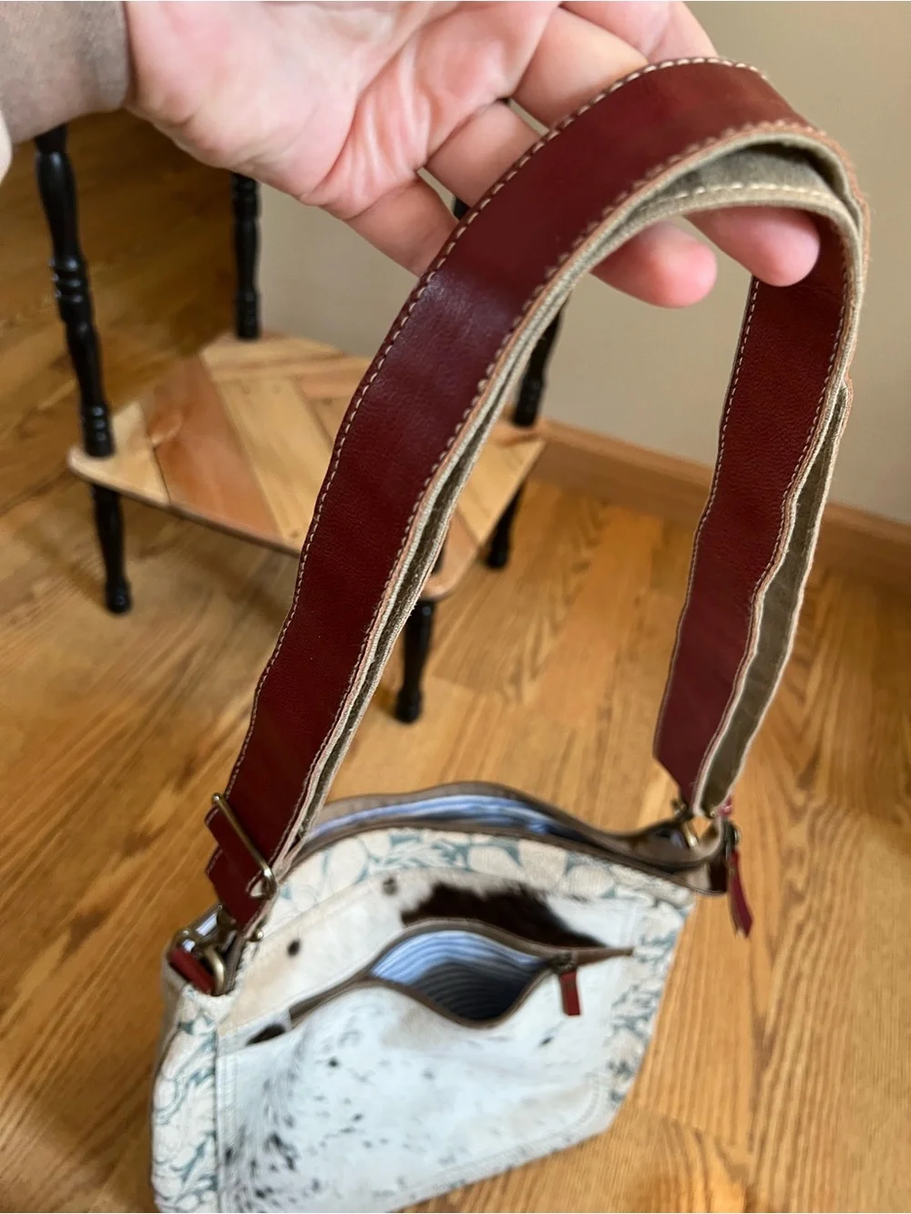 Handbag with Natural Cowhide Patch and Floral Canvas - Brown/White